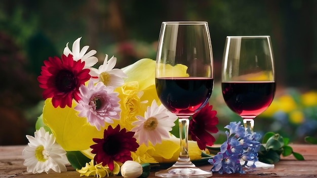 Foto flores e copos de vinho com fundo desfocado