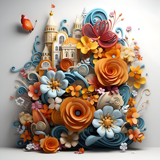 Flores e edifícios em forma de flor ilustração 3D