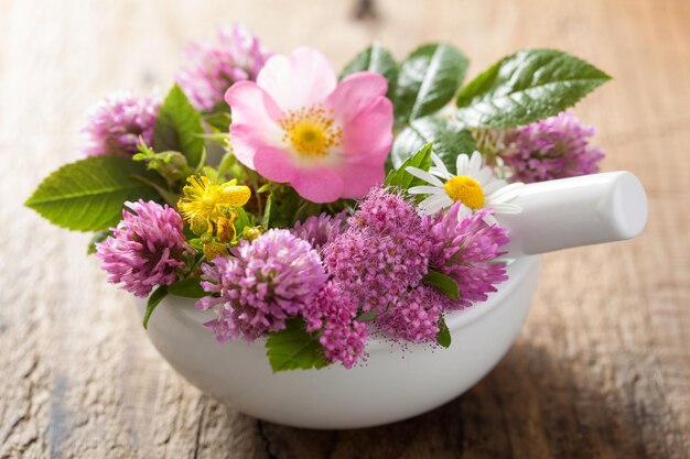 Flores e ervas medicinais coloridas em argamassa