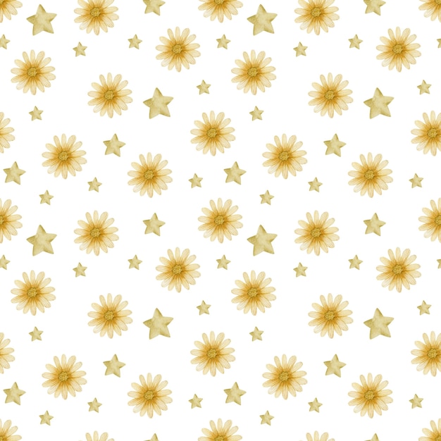 Flores e estrelas de camomila sem costura aquarela em um fundo branco