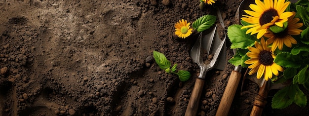 Flores e ferramentas de jardinagem no fundo do solo Conceito de obras de jardim de primavera Amor à natureza Quadro para