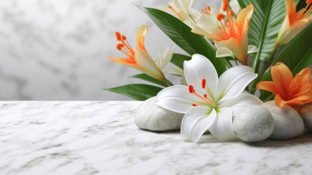 Foto flores e folhagens tropicais exóticas em um fundo sereno