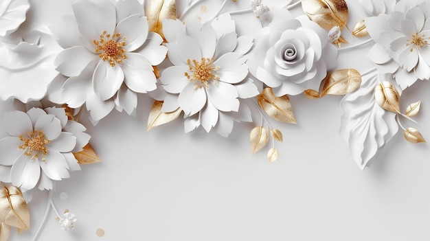 Flores e folhas de ouro branco na textura de mármore branco Generative AI