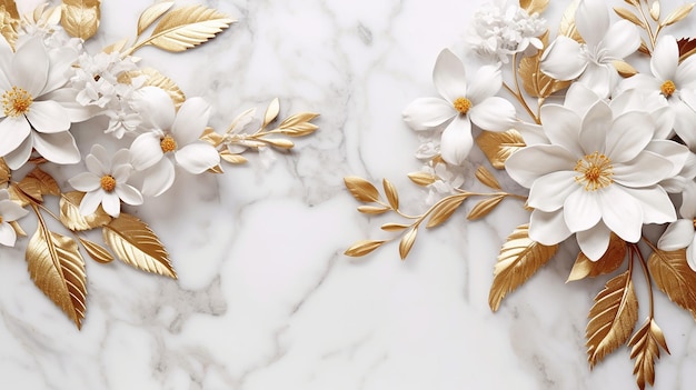 Flores e folhas de ouro branco na textura de mármore branco Generative AI