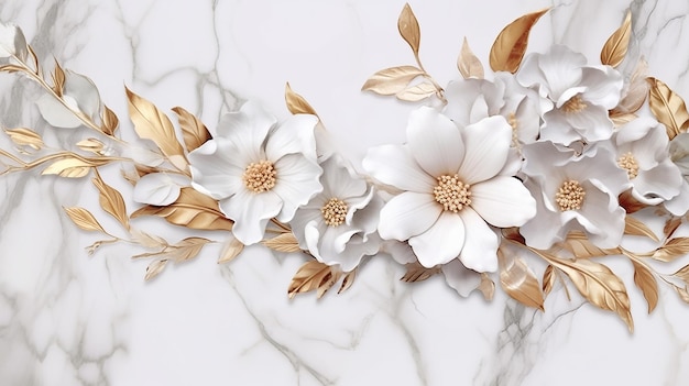 Flores e folhas de ouro branco na textura de mármore branco Generative AI