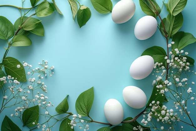 Flores e folhas de ovos de Páscoa sobre um fundo azul