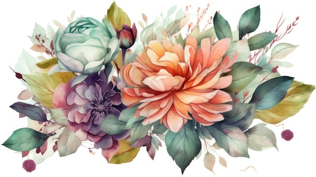 Flores e folhas em aquarela para cartões comemorativos e convites