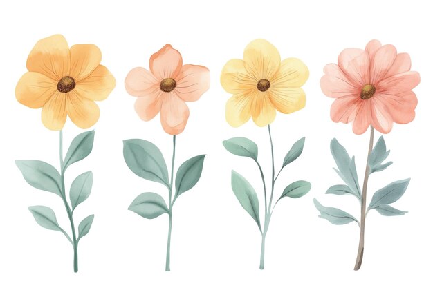 Flores e folhas estilizadas em aquarela em cores pastel suaves isoladas em um fundo branco perfeitas para desenhos com tema de primavera