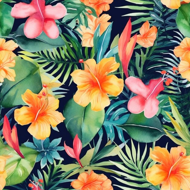 Flores e folhas tropicais são pintadas em estilo aquarela generativo ai