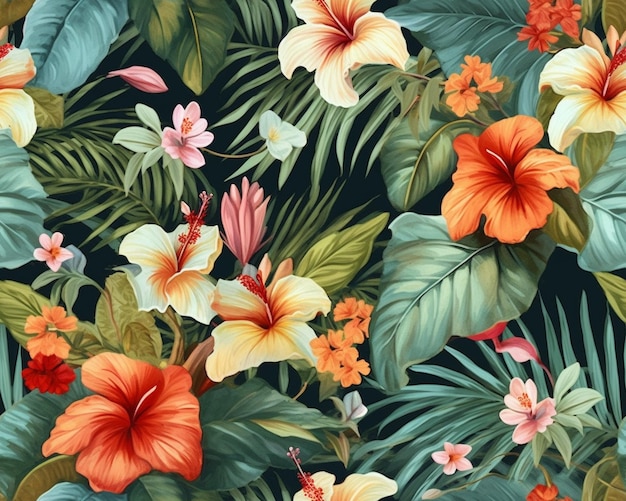 flores e folhas tropicais são pintadas em um padrão de costura generativo ai