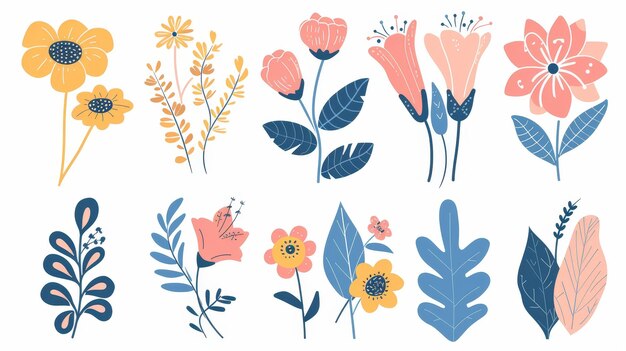 Foto flores e formas em um estilo floral e abstrato folhas e ícones botânicos em um fundo branco ilustração moderna