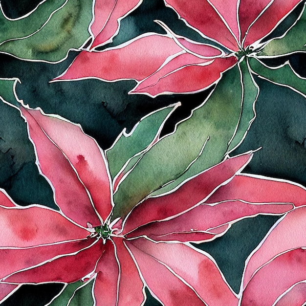 Flores e plantas festivas de Natal. Sem costura padrão de repetição. Aquarela digital