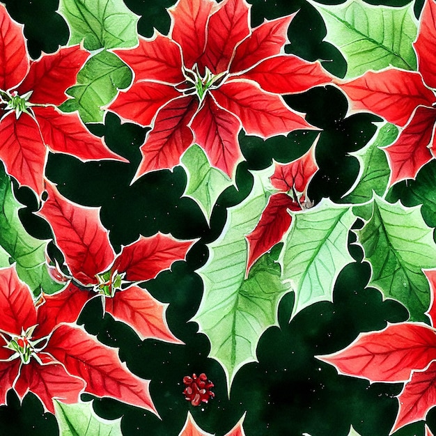 Flores e plantas festivas de Natal. Sem costura padrão de repetição. Aquarela digital