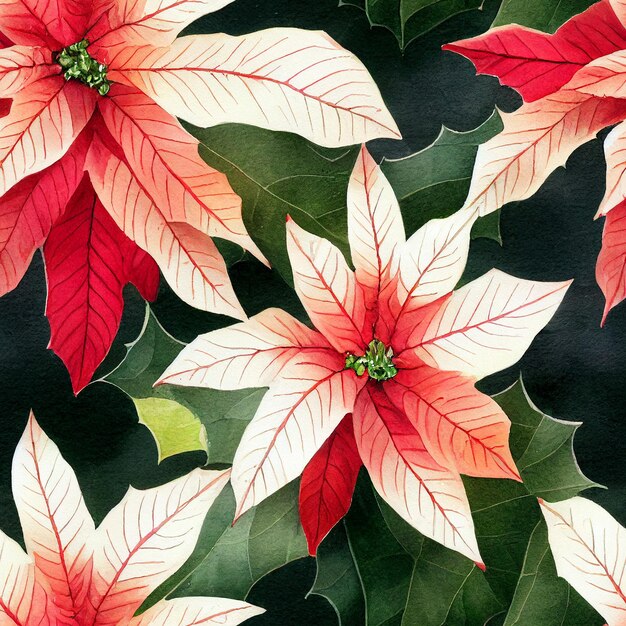 Flores e plantas festivas de Natal. Sem costura padrão de repetição. Aquarela digital