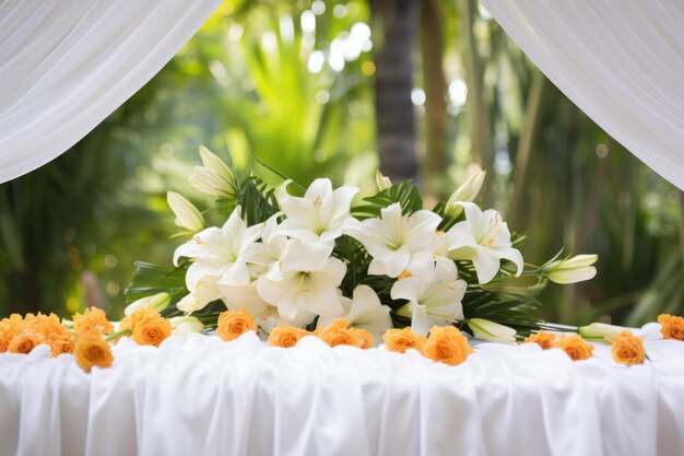 Flores e um pano branco drapeado em uma chuppah