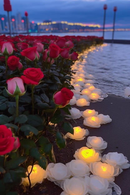 flores e velas estão alinhadas ao longo da praia com as luzes da cidade ao fundo IA generativa