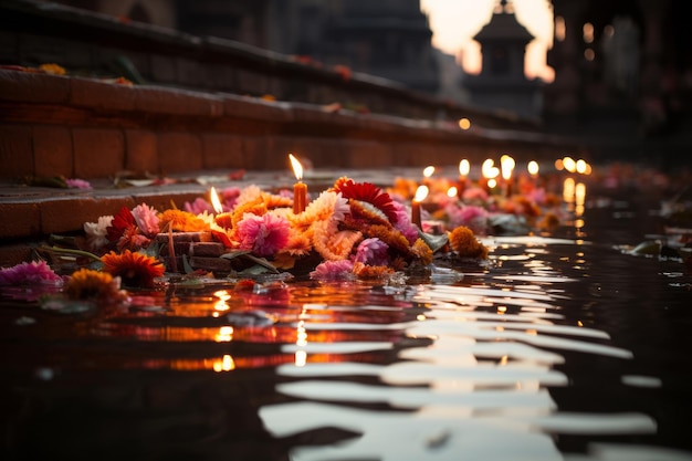 flores e velas na água