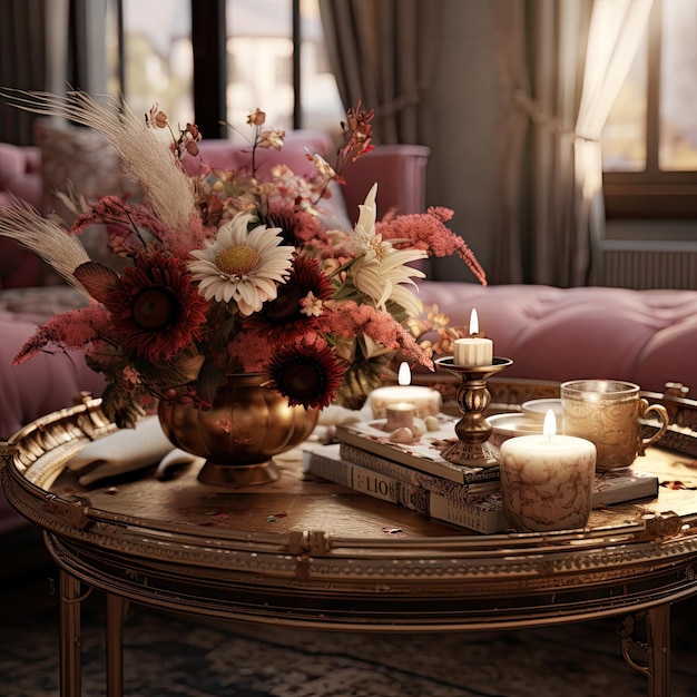 Foto flores e velas numa mesa de café numa sala de estar com sofás cor-de-rosa, bandejas de ouro e livros