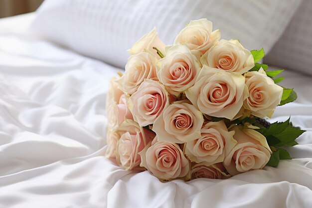 Flores de elegancia nupcial dispuestas en una cama blanca prístina