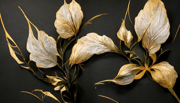 Flores elegantes con hojas doradas y ramas sobre un fondo oscuro Patrón de pincel dibujado a mano sin costuras Elemento decorativo vintage para postales Ilustración 3d