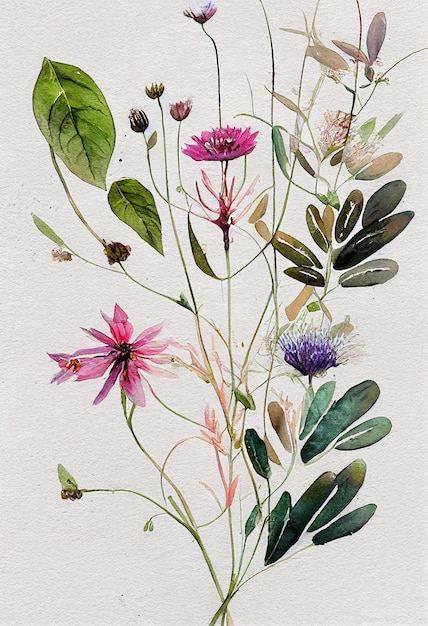 Foto flores em aquarela arte de parede botânico wildflower arte imprimível arte de flor ilustração floral na