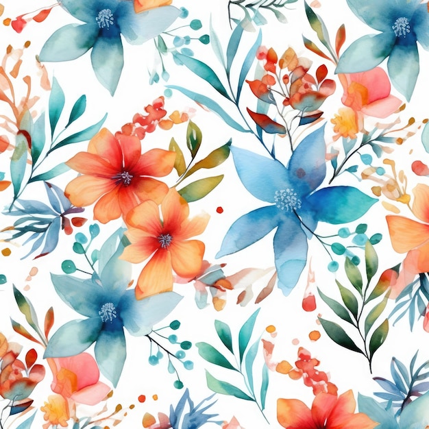 Flores em aquarela em azul e laranja em um fundo branco Padrão quadrado floral Generative ai