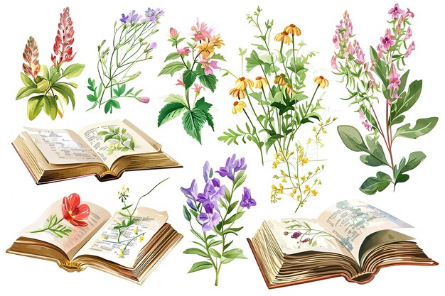 Foto flores em aquarela empilham ilustração de livros em fundo branco