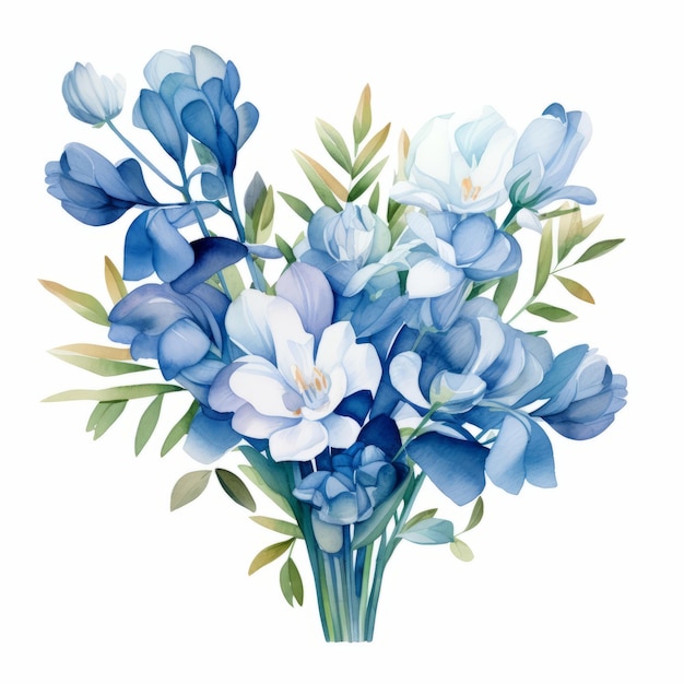 Flores em aquarela realistas em vaso azul sobre fundo branco