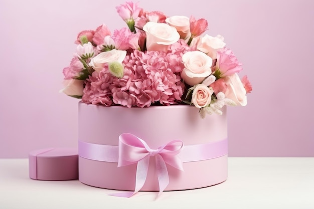Flores em caixas de presente redondas e rosa em uma mesa branca para várias ocasiões Arranjo floral em um