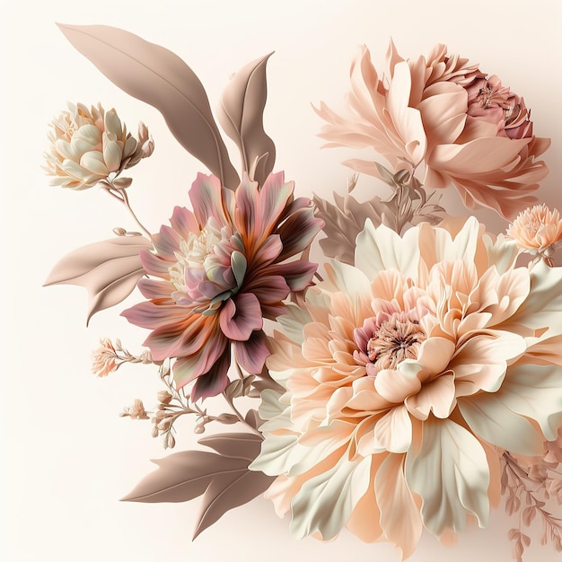 Foto flores em estilo aquarela desenhadas em um fundo texturizado em cores pastel se encaixam na ilustração 3d