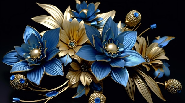 Flores em ouro azul 3D