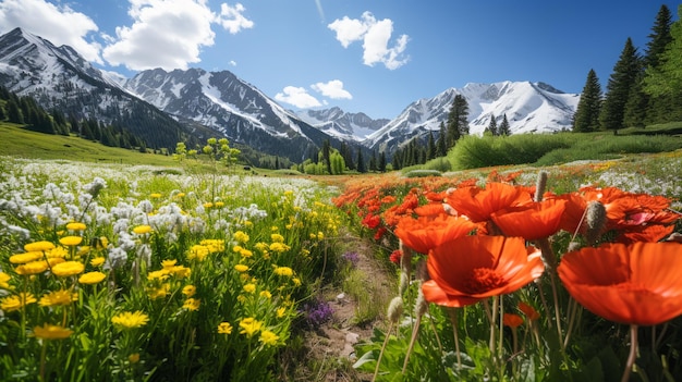 Flores em primeiro plano amplificando a majestade da montanha Alpine Bloom