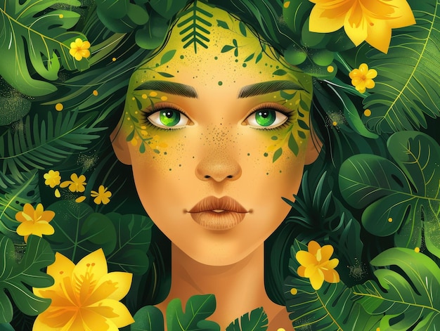 Foto flores em rostos de mulheres com ilustrações verdes