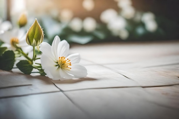 Flores em um chão de madeira com um fundo desfocado