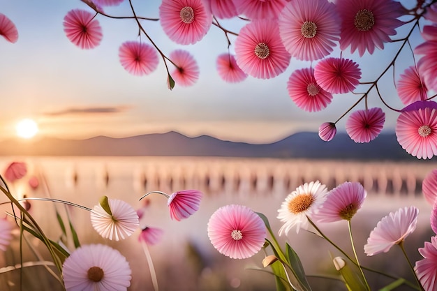 Flores em um lago ao pôr do sol