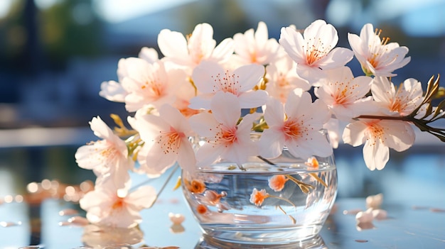 Flores em um vaso de cristal sobre um fundo de mesa branca