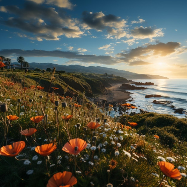 flores em uma encosta com vista para o oceano ao pôr do sol gerador de IA