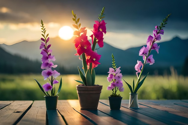 Flores em uma mesa com um pôr do sol ao fundo