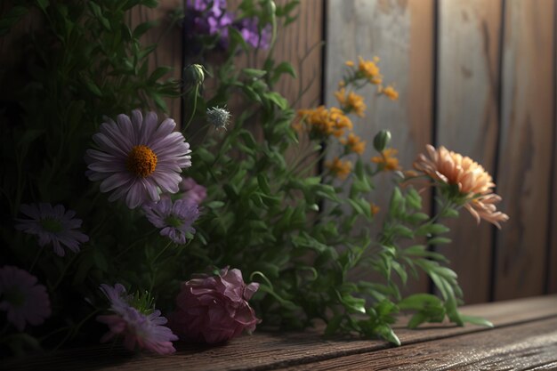 Flores em uma mesa com uma cerca de madeira ao fundo