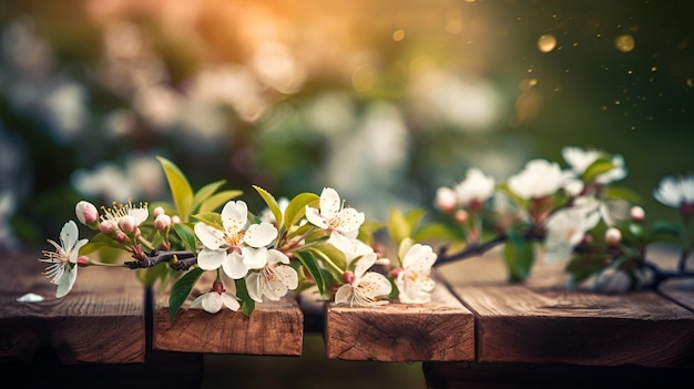 Flores em uma prancha de madeira com fundo desfocado