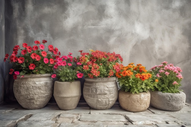 Flores em vasos em uma parede de pedra