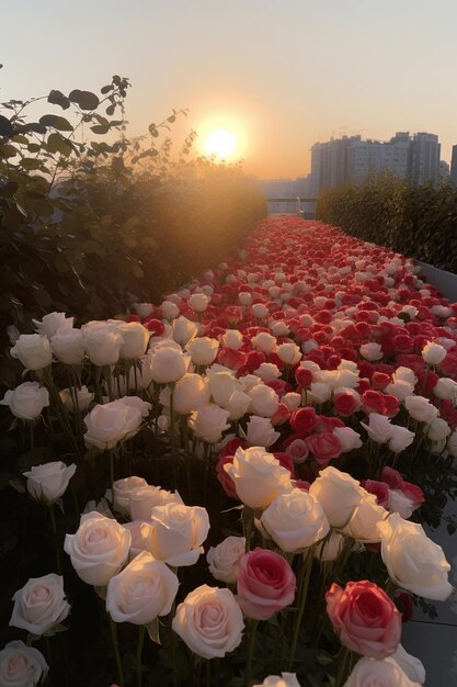 las flores están en un campo con la puesta de sol de fondo ai generativa