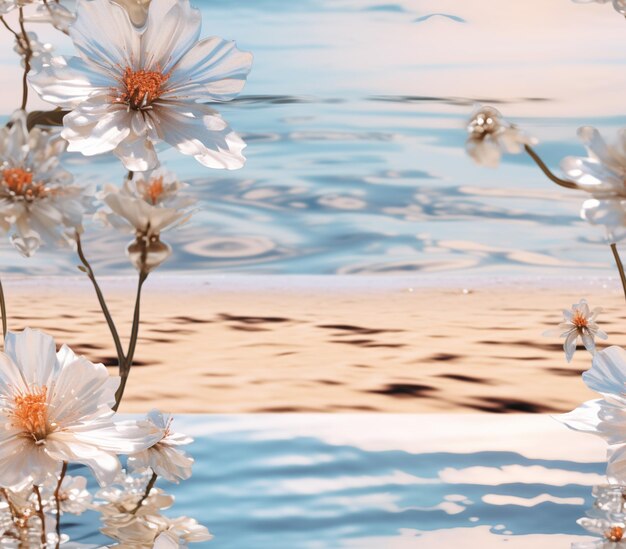 las flores están en primer plano de una playa y un cuerpo de agua generativ ai