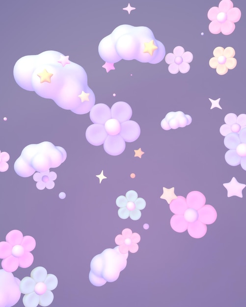 Flores y estrellas de dibujos animados en 3D en el cielo de color púrpura lavanda