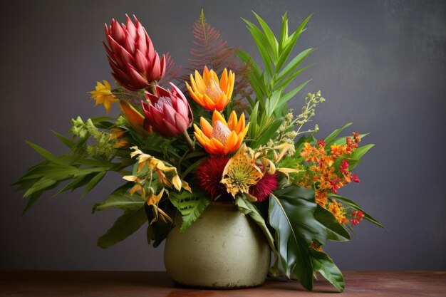 Flores exóticas dispuestas en una olla de cerámica terrosa