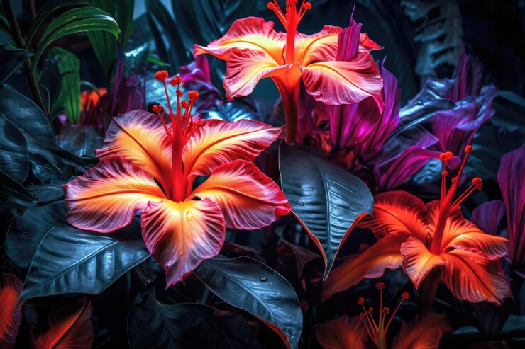 Flores exóticas de la jungla en vivos colores infrarrojos