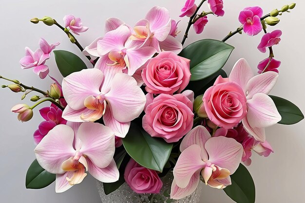 Flores falsas de belas rosas rosa e orquídeas para decoração de casamento ou fundo de seu trabalho