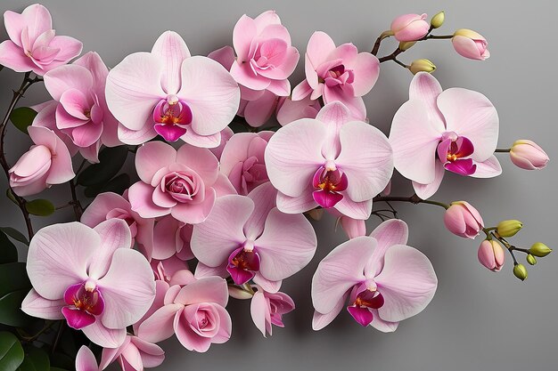 Flores falsas de lindas rosas e orquídeas para decoração de casamento ou plano de fundo do seu trabalho