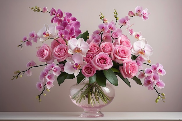Flores falsas de hermosas rosas rosadas y orquídeas para decoración de bodas o fondo de tu trabajo