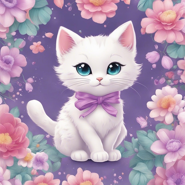 Flores de fantasía salpicadas con arte de diseño de camiseta de personaje de dibujos animados de gato moderno